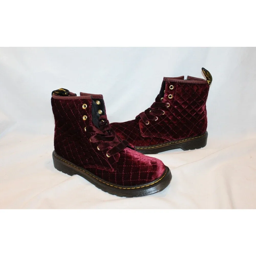 DR.‎ MARTENS YOUTH SZ 4 CHERRY RED QUILTED VELVET 1460 BOOTS NEW